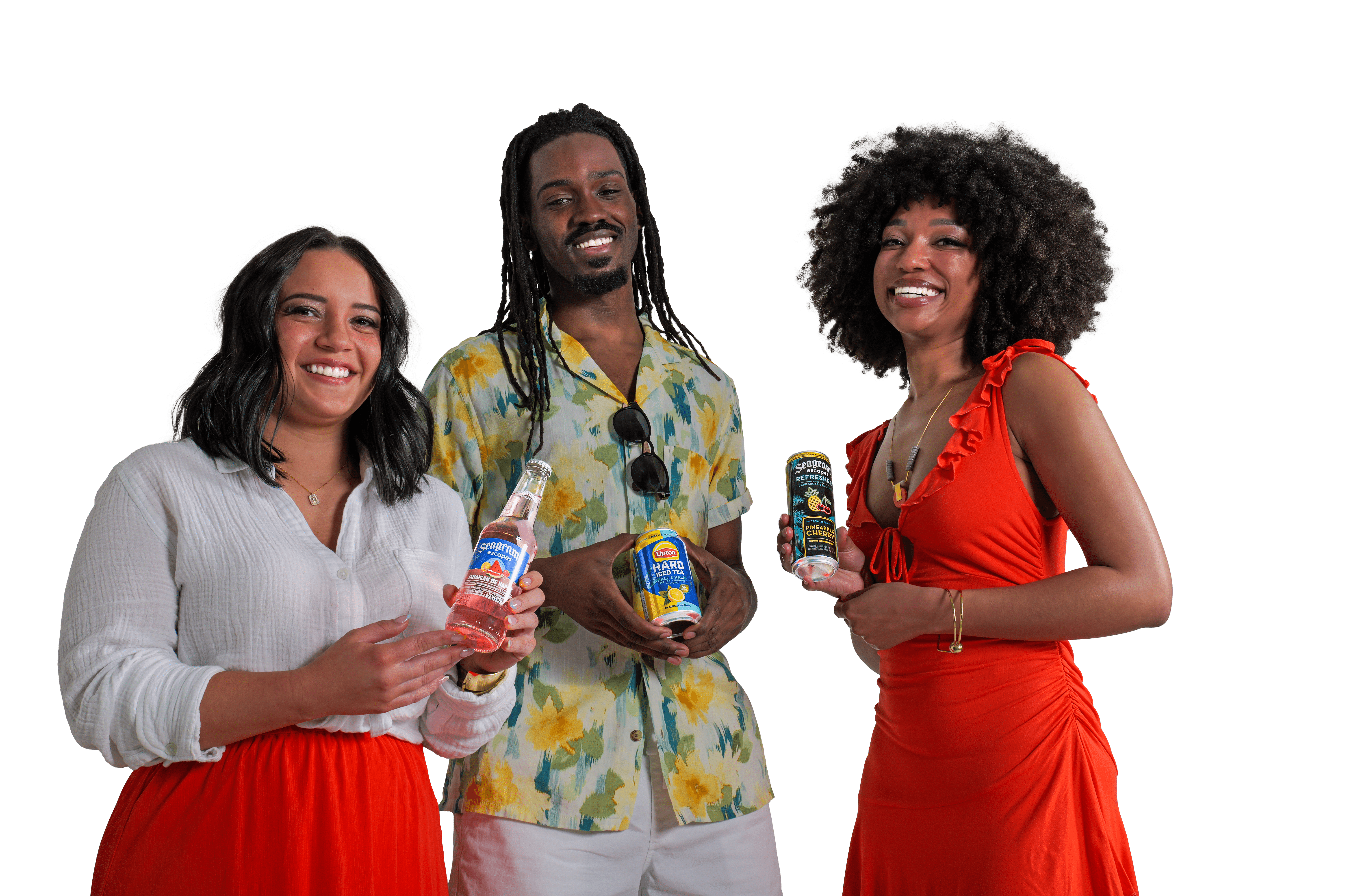 A group of people holding Seagram's Escapes and Lipton Hard Iced Tea products