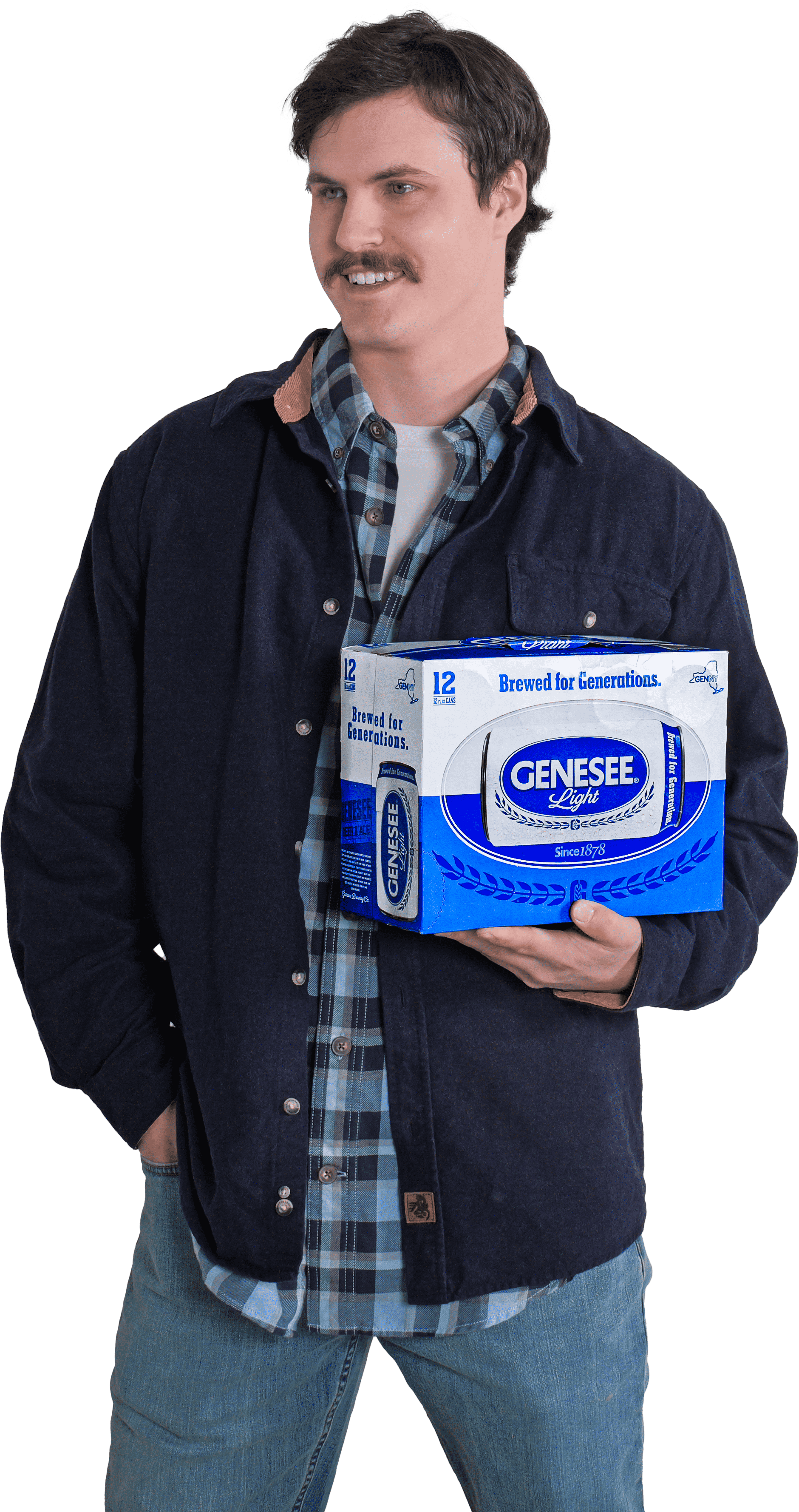 A man holding a 12-pack of Genesee Light cans