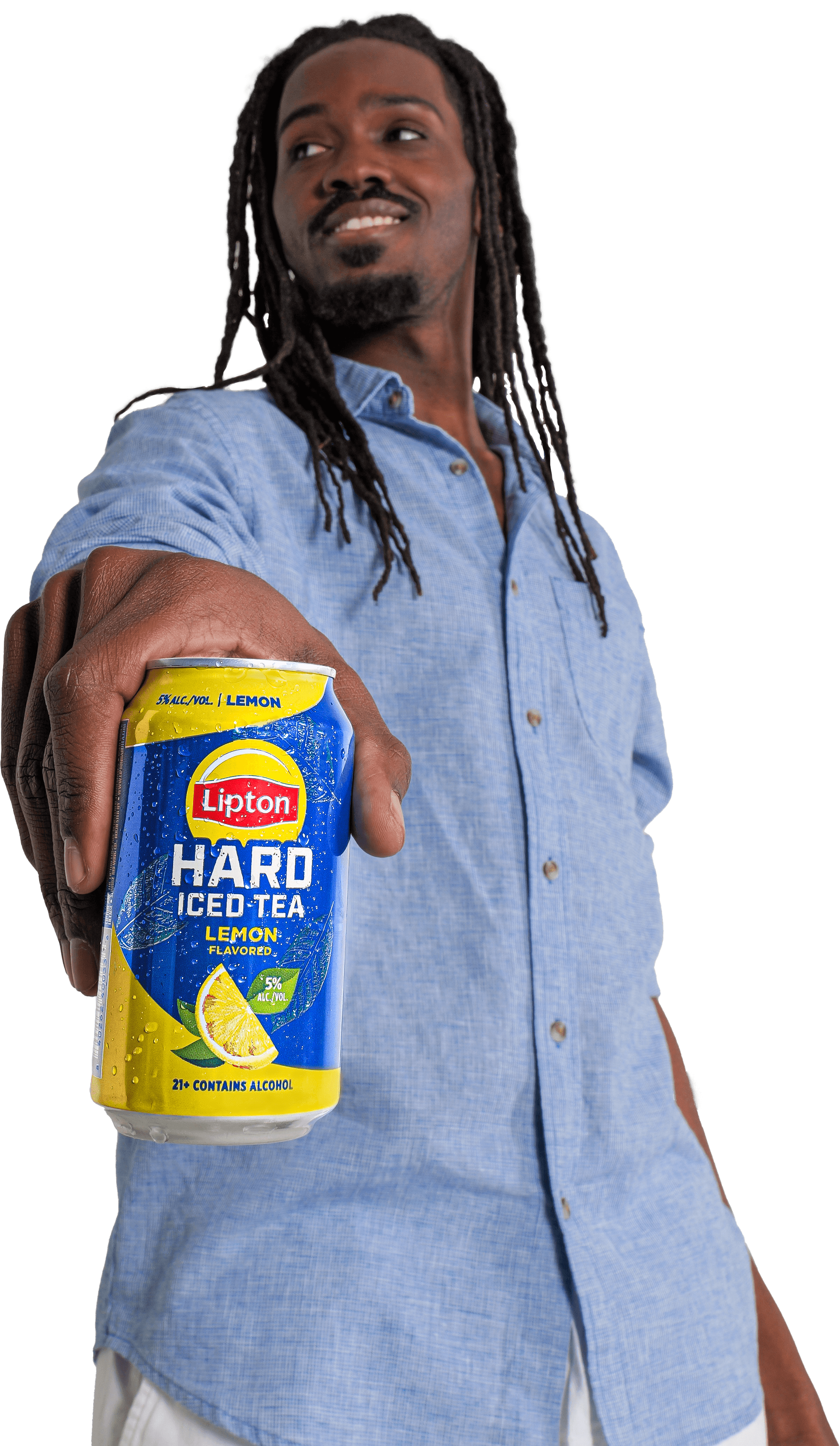 A man holding a can of Lipton Hard Iced Tea