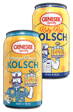 A can of Genesee Mango Peach Kolsch in front of a can of Genesee Ruby Red Kolsch